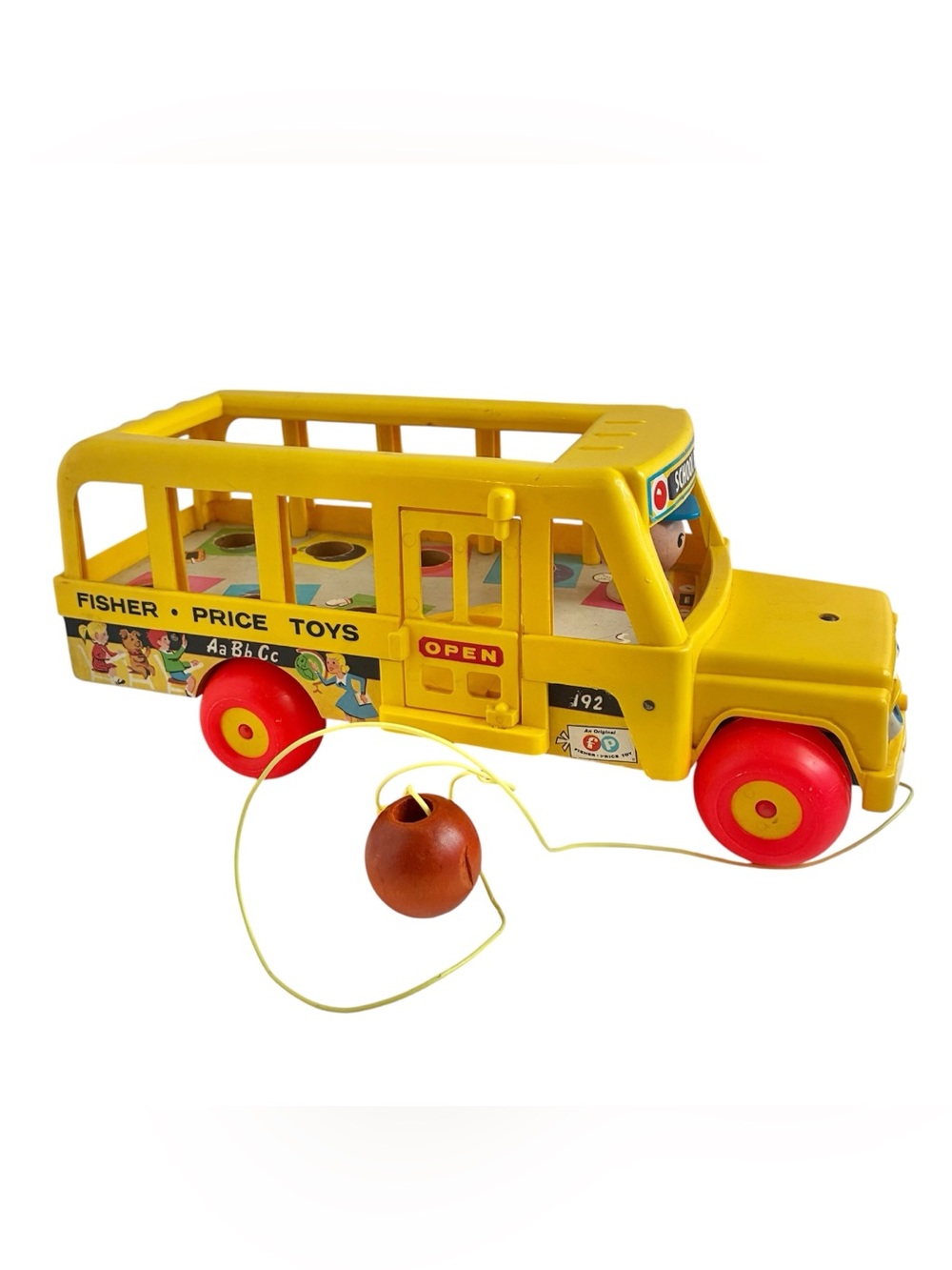 Vintage Fisher-Price Little People Yellow School Bus Pull Toy String #192